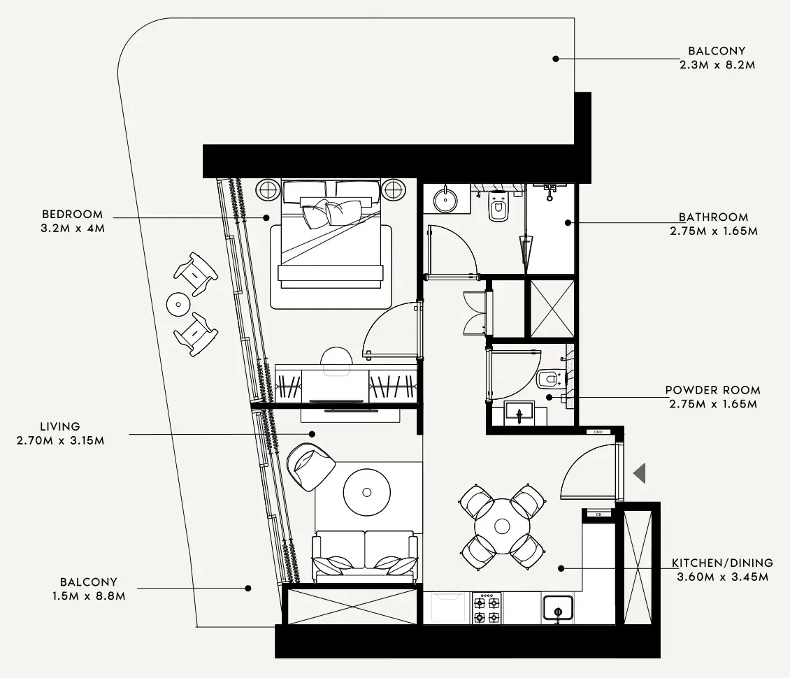 Azizi Milan 1 bed floor plan, 734 sqft