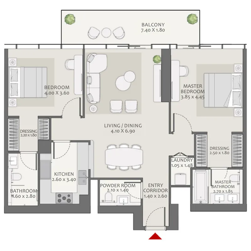 Avenue Park Towers 2 at Wasl 1 2 bed floor plan, 1,342 – 1,343 sqft