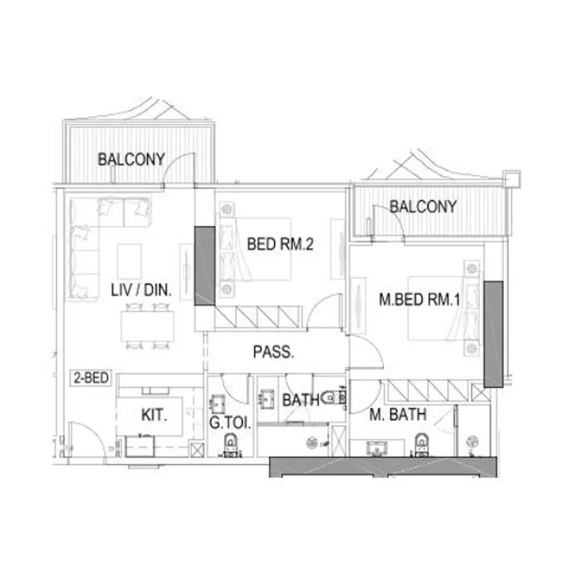 Elegance Tower 2 bed floor plan, 1,126 sqft