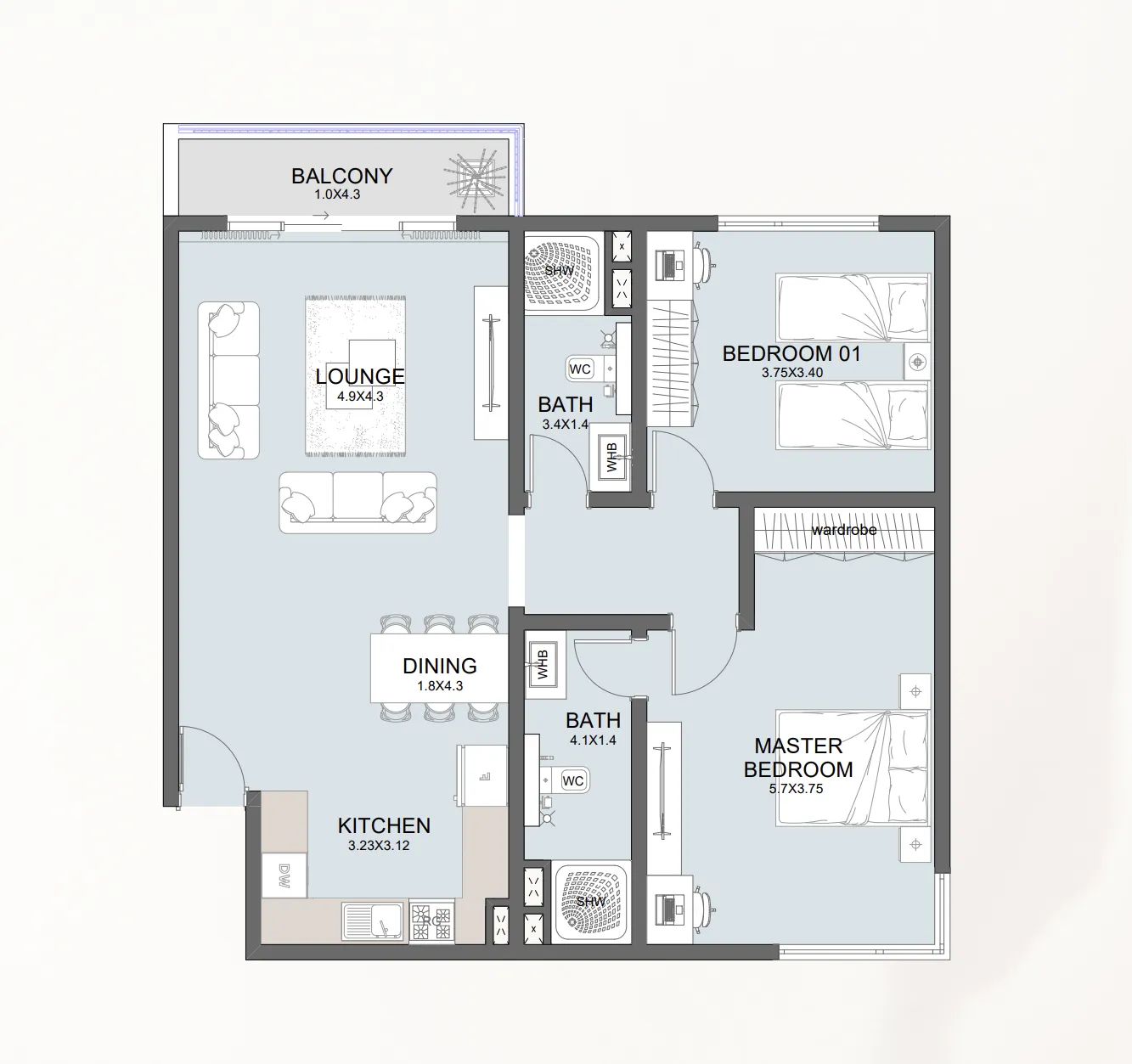 Reportage Towers 2 bed floor plan, 1,343 sqft
