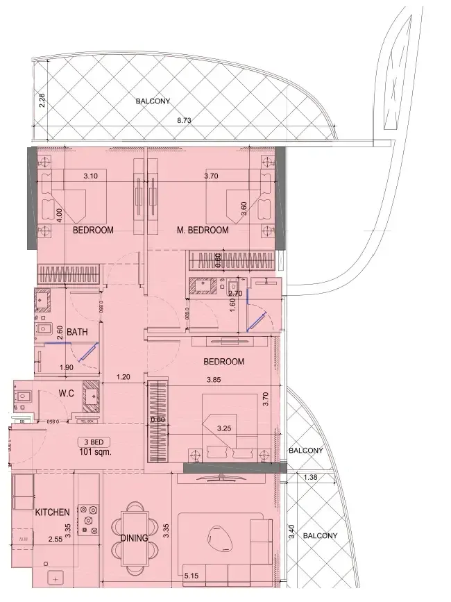 Project Maybach 3 bed floor plan, 1,372 sqft