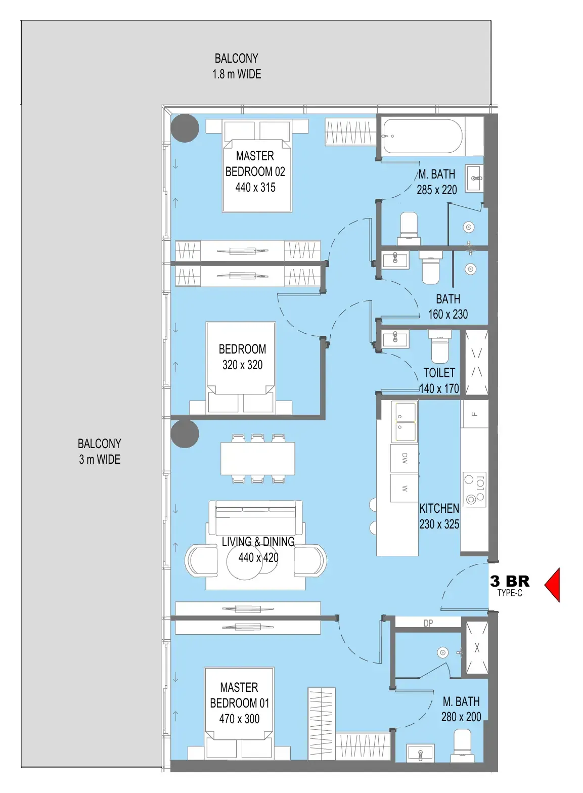 Sensi 3 bed floor plan, 1,746 – 1,759 sqft