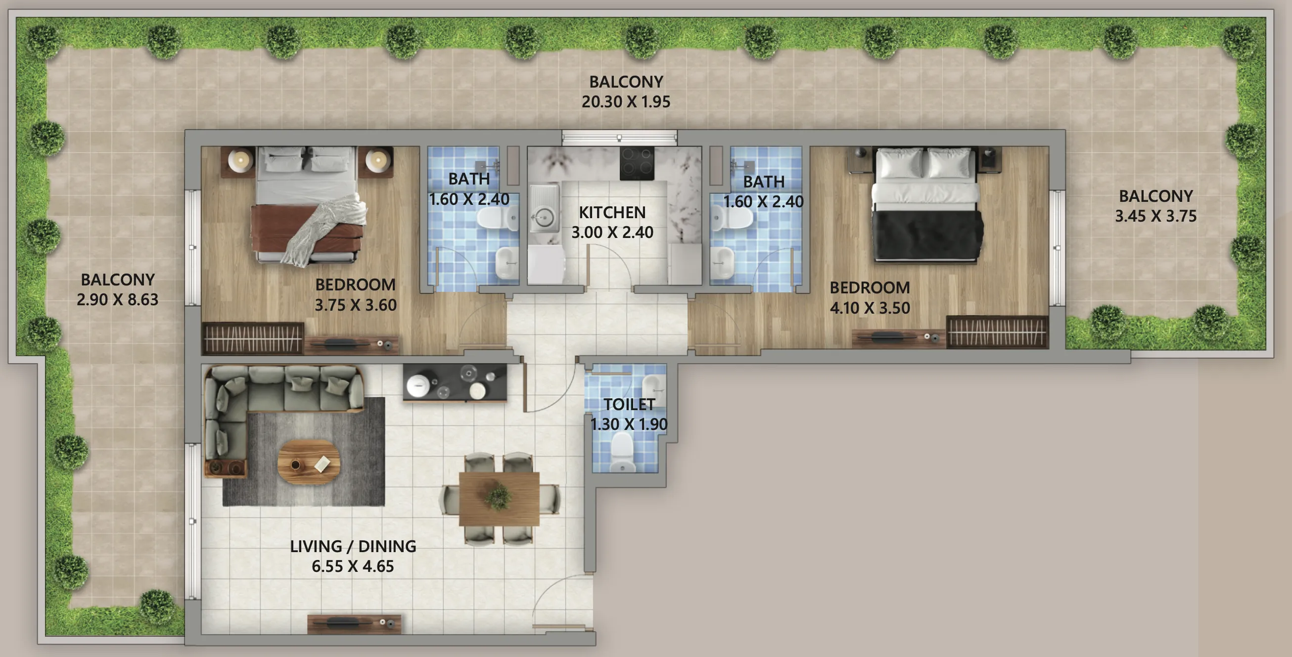 Linden Residences 2 bed floor plan, 1,883 sqft