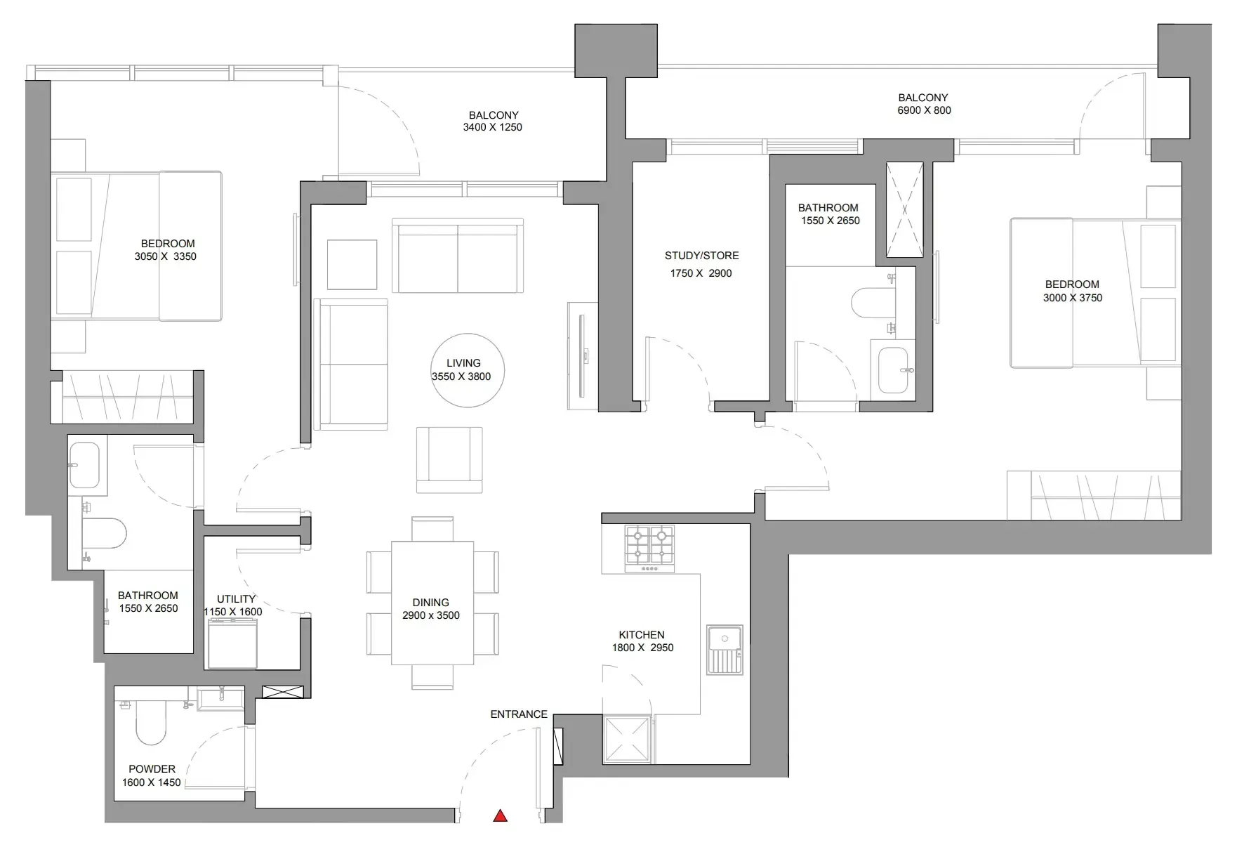 Sobha Solis 2 bed floor plan, 1,146 sqft