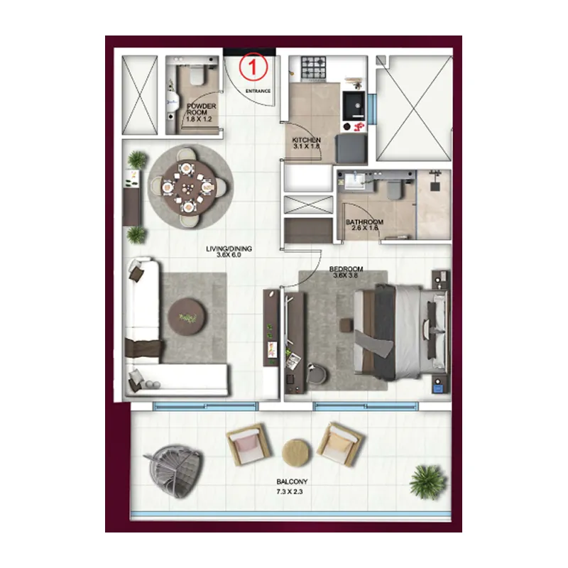 Symbolic Altus 1 bed floor plan, 795 sqft