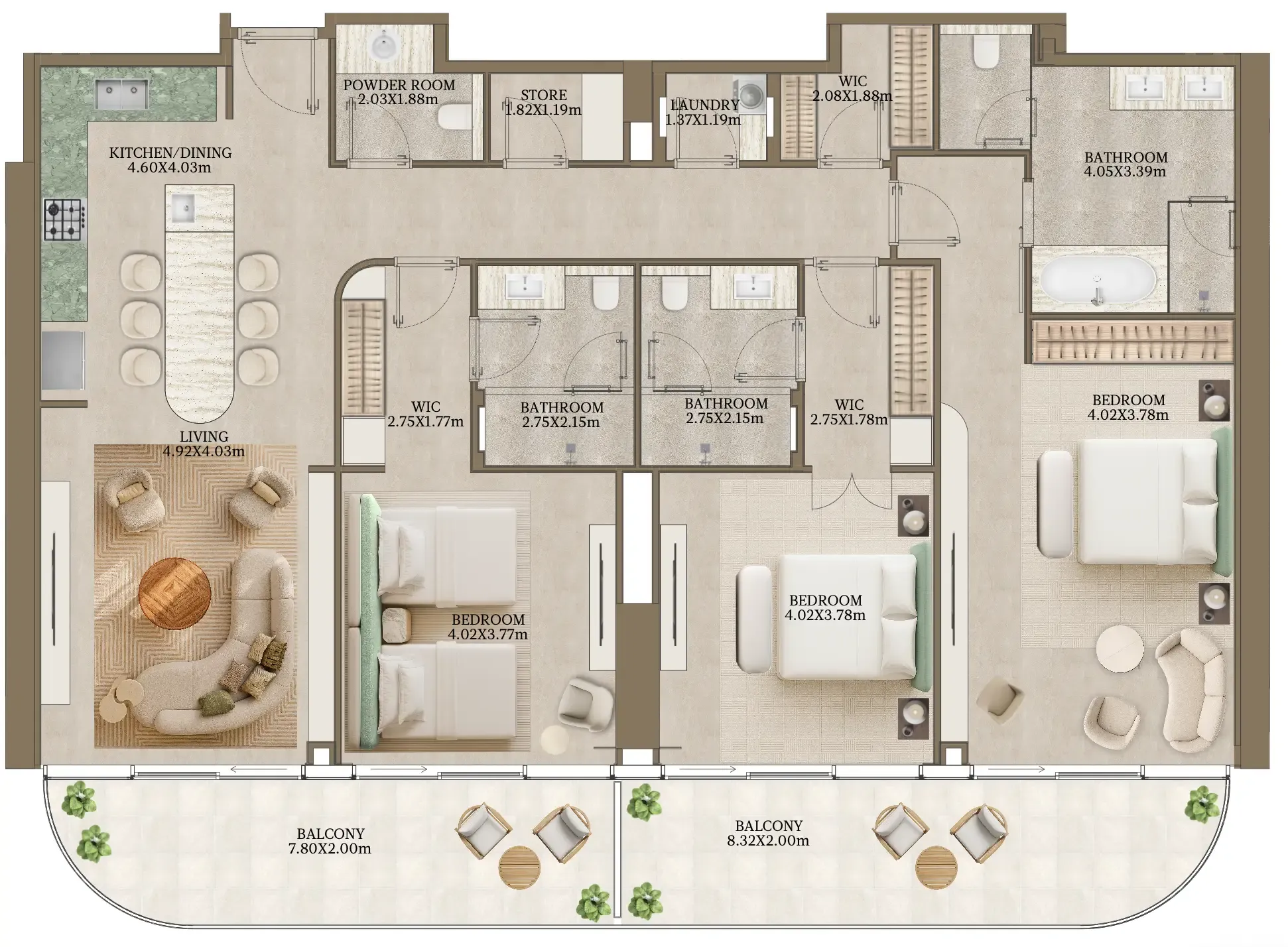 Nasim Al Bahr Residences 3 bed floor plan, 2,125 sqft