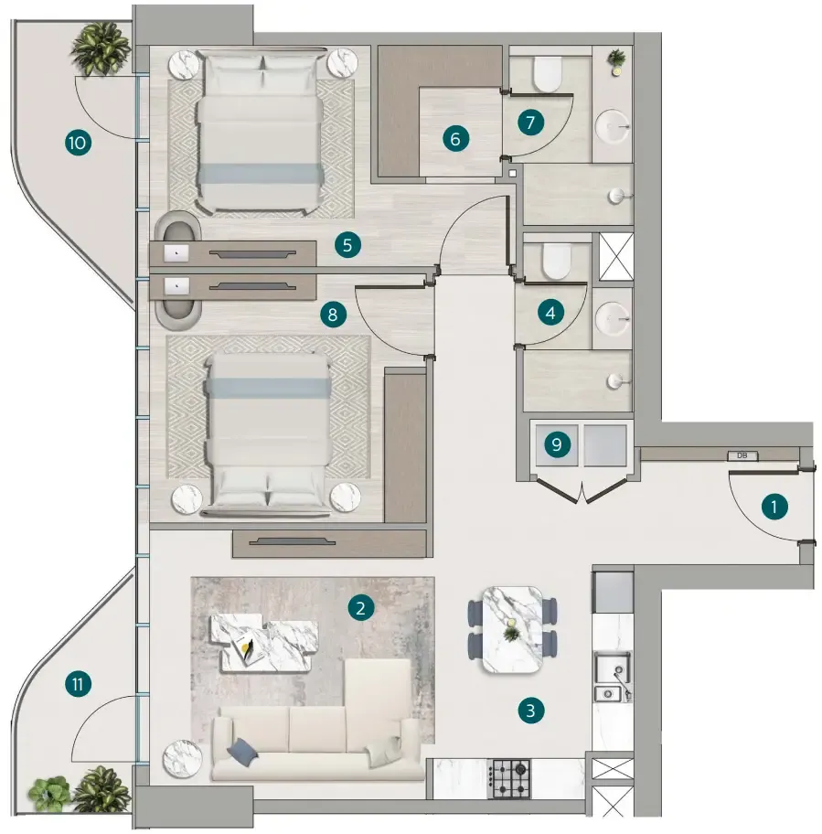 Flora Shore Beachside Residences 2 bed floor plan, 1,021 – 1,093 sqft