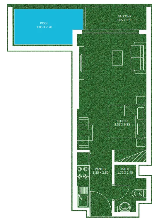 Sportz Studio floor plan, 472 sqft