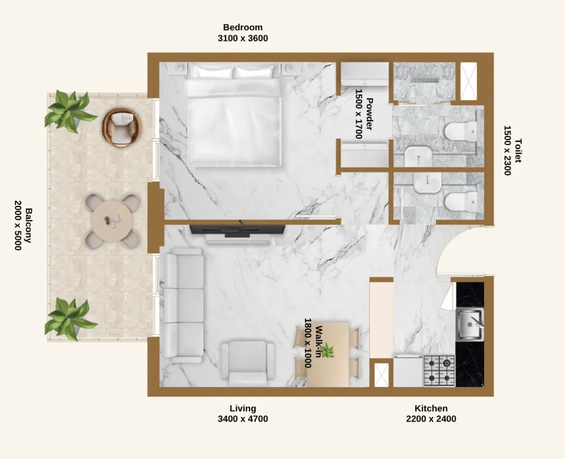 RR Residence 1 bed floor plan, 677 sqft