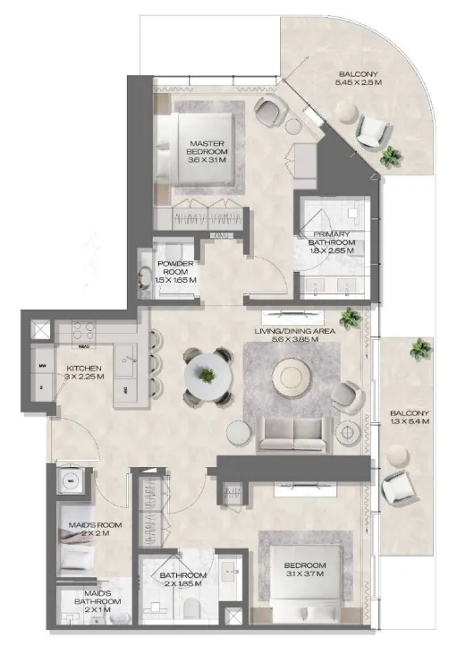 DWTN Residences 2 bed floor plan, 1,277 sqft