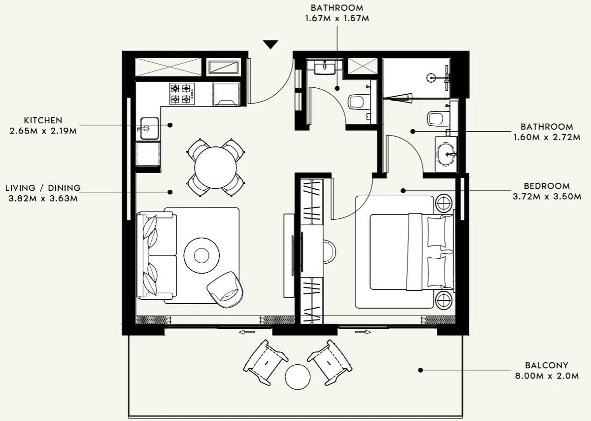 Azizi Venice 1 bed floor plan, 724 sqft