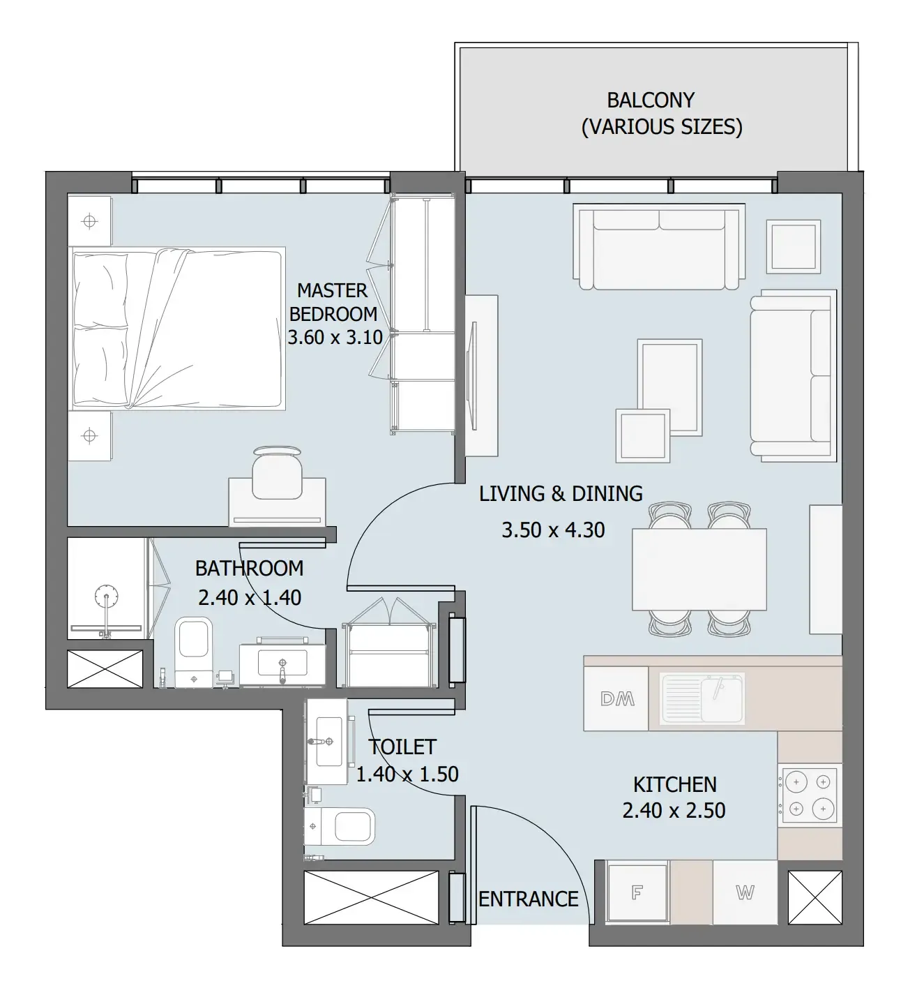 Verdana III 1 bed floor plan, 541 – 590 sqft