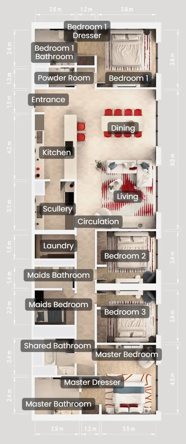 Rosso Bay Residences 4 bed floor plan, 2,618 sqft