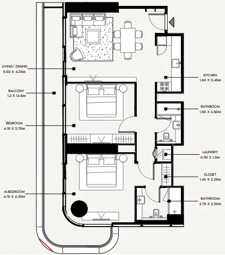 Azizi Milan 2 bed floor plan, 1,235 sqft