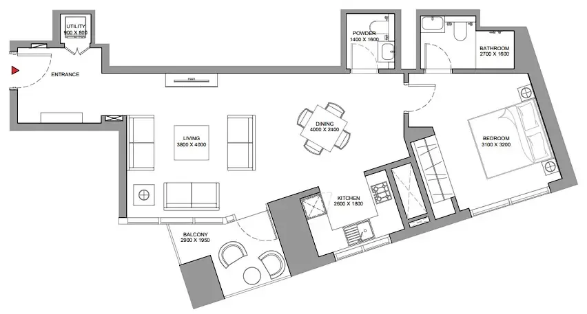 Skyscape 1 bed floor plan, 846 sqft