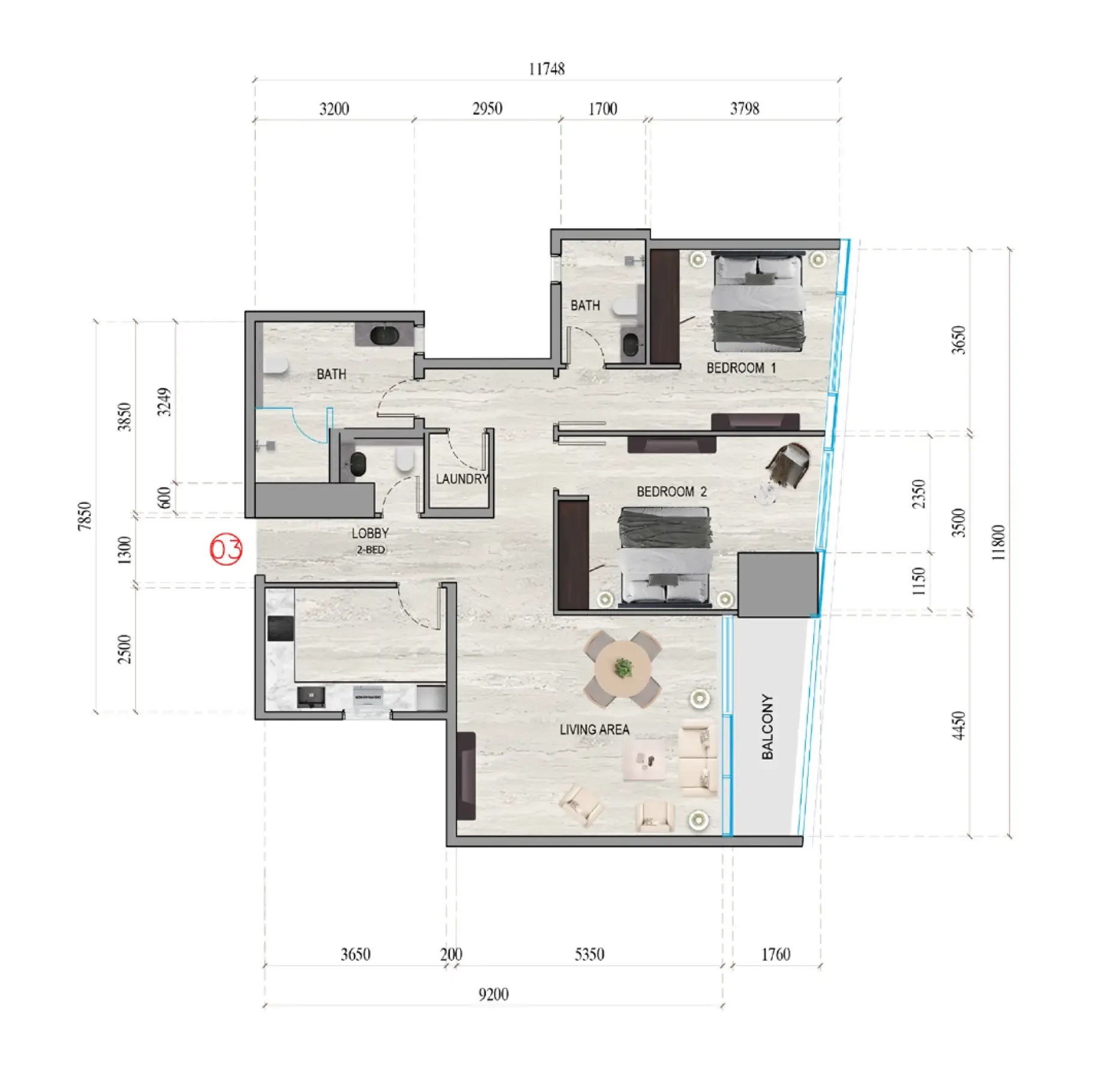 Al Ghaf Tower 2 bed floor plan, 1,274 sqft