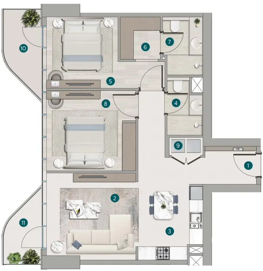 Flora Shore Beachside Residences 2 bed floor plan, 1,024 sqft