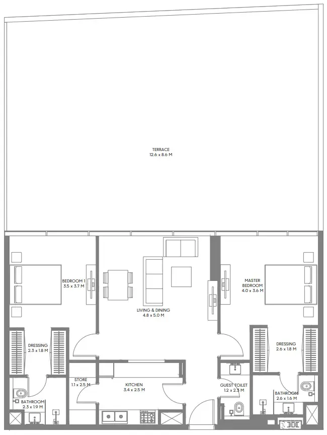 The Gate 3 and 4 2 bed floor plan, 2,307 sqft