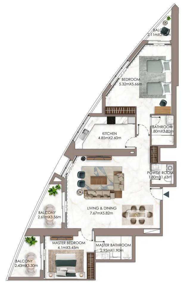 Ajman Creek Towers 2 bed floor plan, 2,058 – 2,059 sqft
