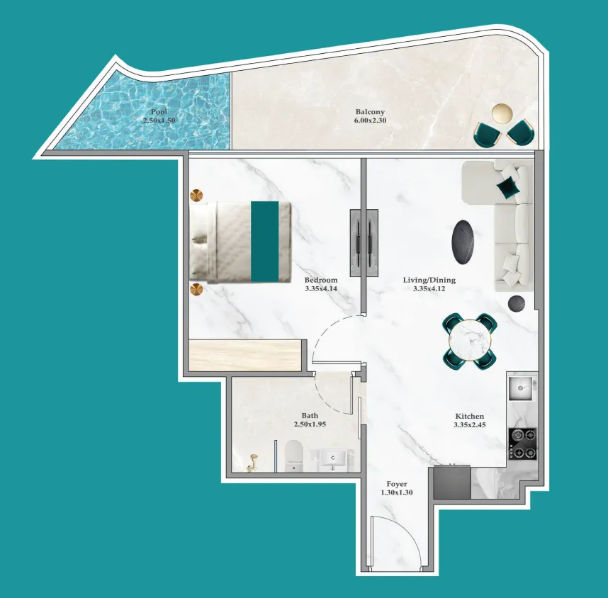 Breez 1 bed floor plan, 623 – 660 sqft