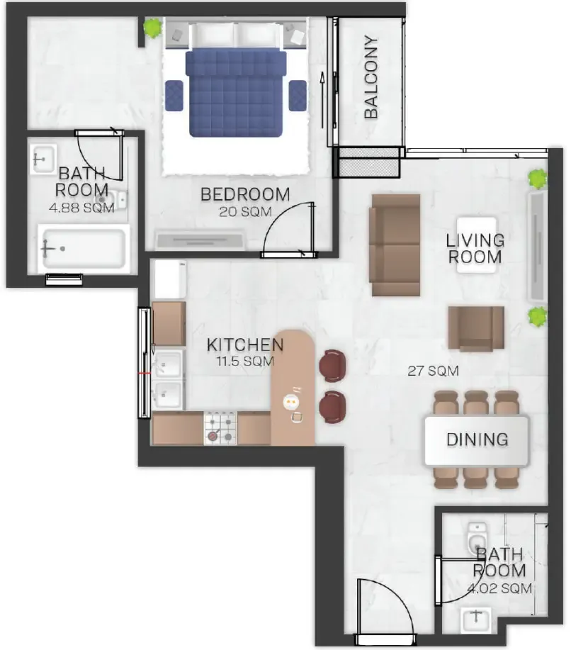 Bluebell Residence 1 bed floor plan, 1,169 – 1,181 sqft
