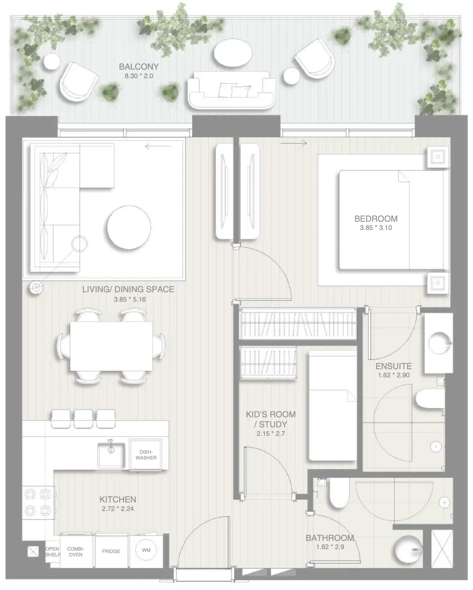 Sol Levante 1 bed floor plan, 878 sqft