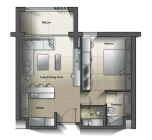 Al Mamsha Sharjah 1 bed floor plan, 1,086 sqft