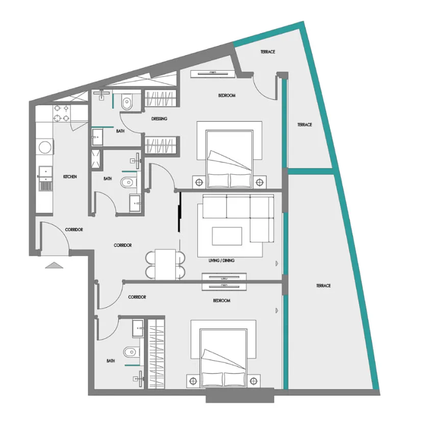 Samana Greenfield 2 2 bed floor plan, 883 – 1,156 sqft
