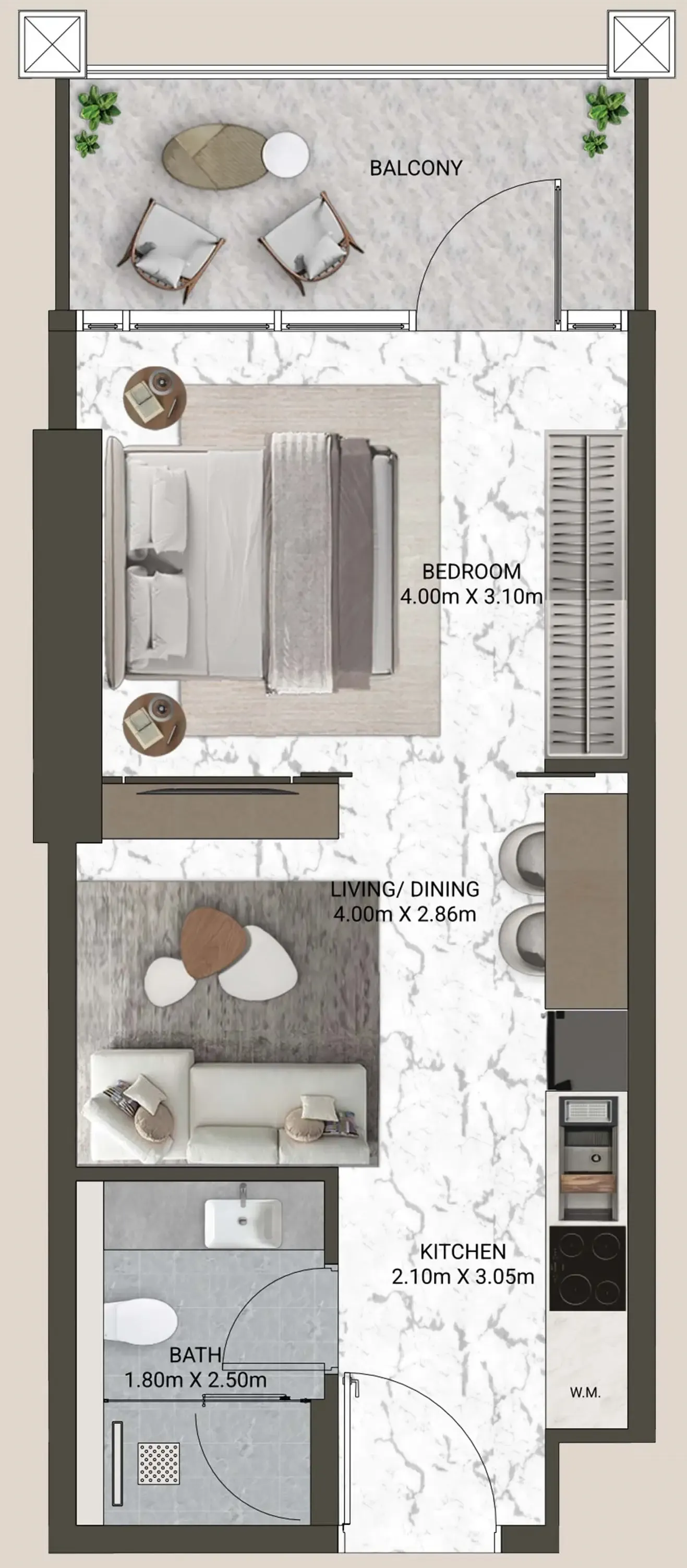 V-Suites Studio floor plan, 477 sqft