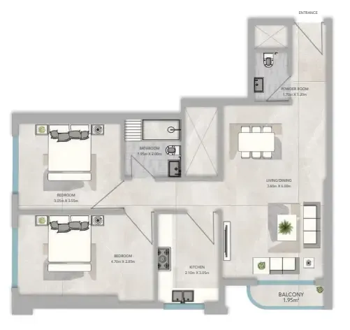 Azha Views Residences 2 bed floor plan, 1,105 sqft