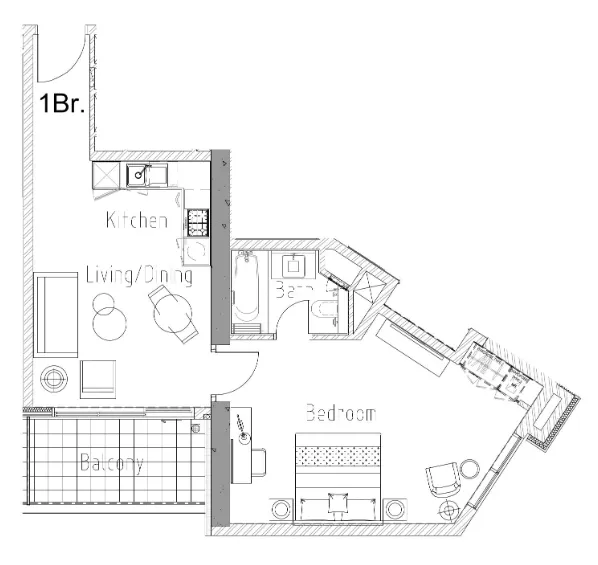 Aykon City Tower 1 bed floor plan, 677 sqft