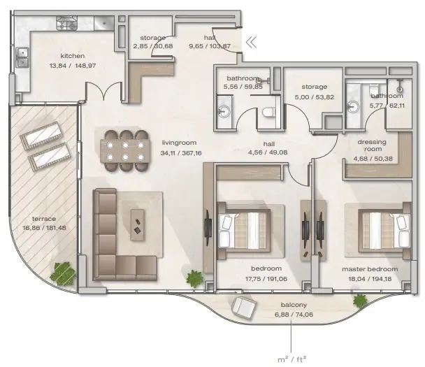 Zephyra Residences 2 bed floor plan, 1,703 sqft