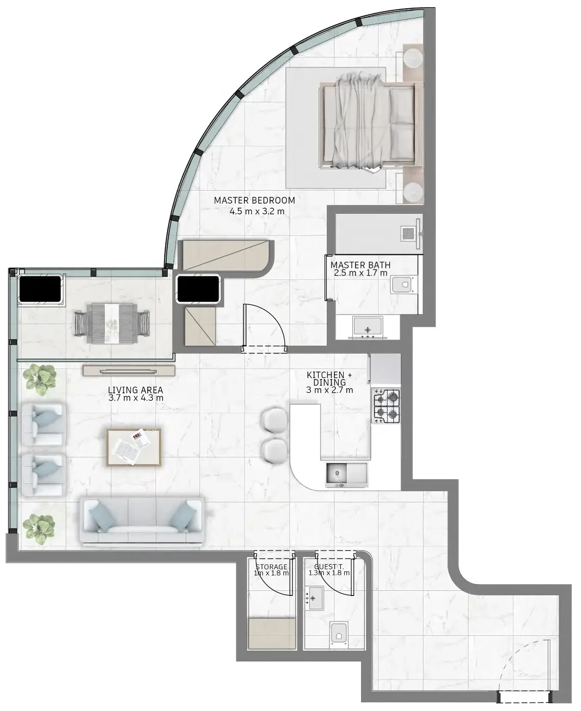 Al Habtoor Tower 1 bed floor plan, 886 sqft