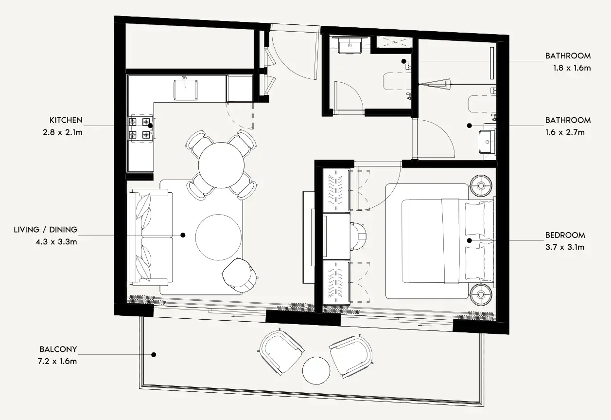 Azizi Noura 1 bed floor plan, 671 sqft