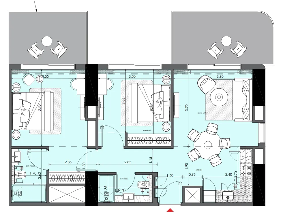 Azizi Wasel 2 bed floor plan, 1,000 sqft