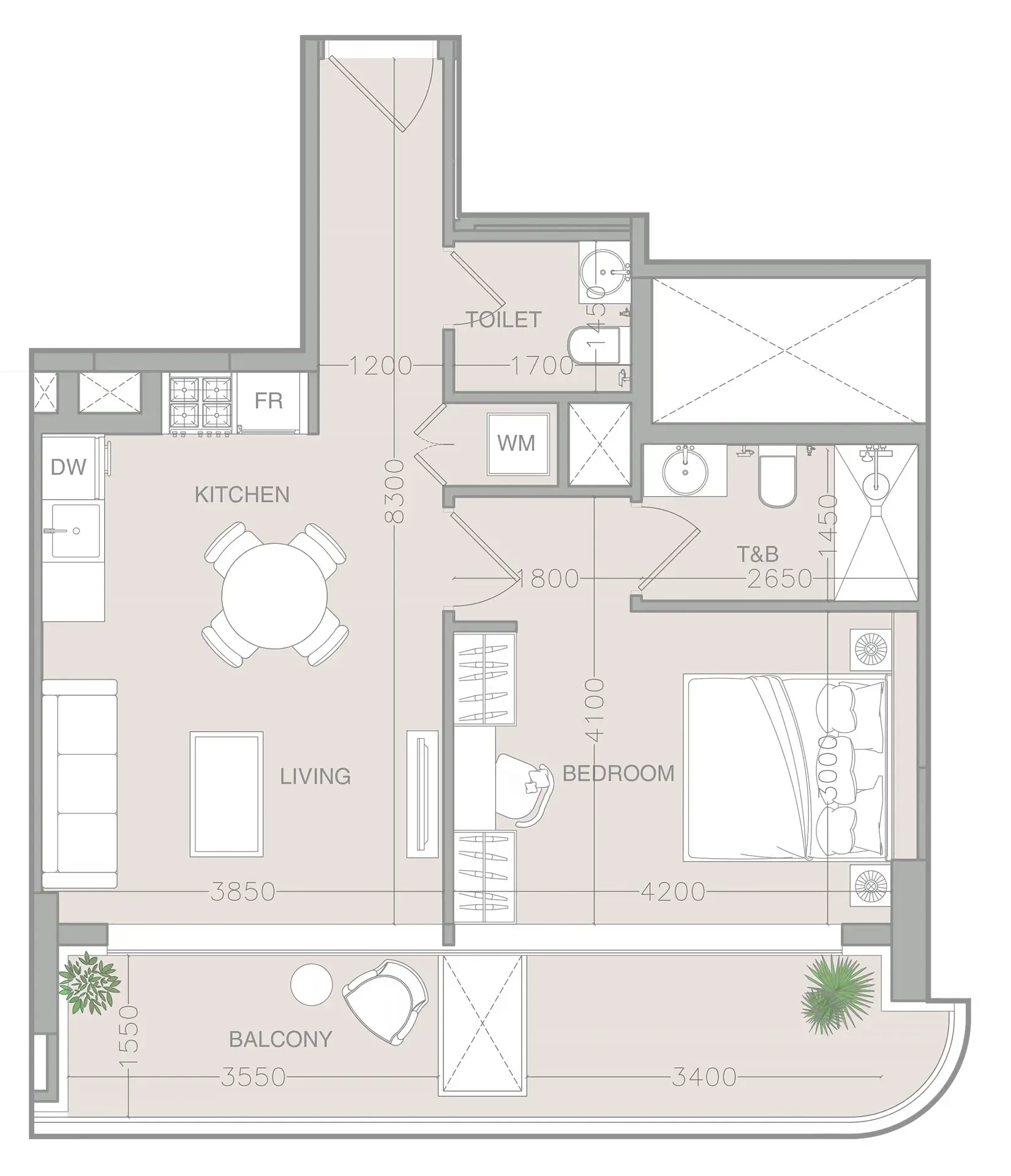 ELAR1S Axis 1 bed floor plan, 700 sqft