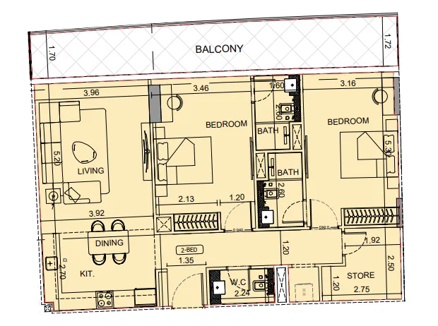 Binghatti Aquarise 2 bed floor plan, 1,332 sqft
