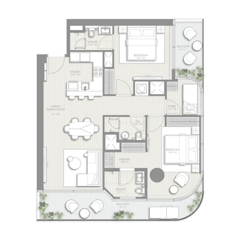 Sol Luxe 2 bed floor plan, 1,256 – 1,260 sqft