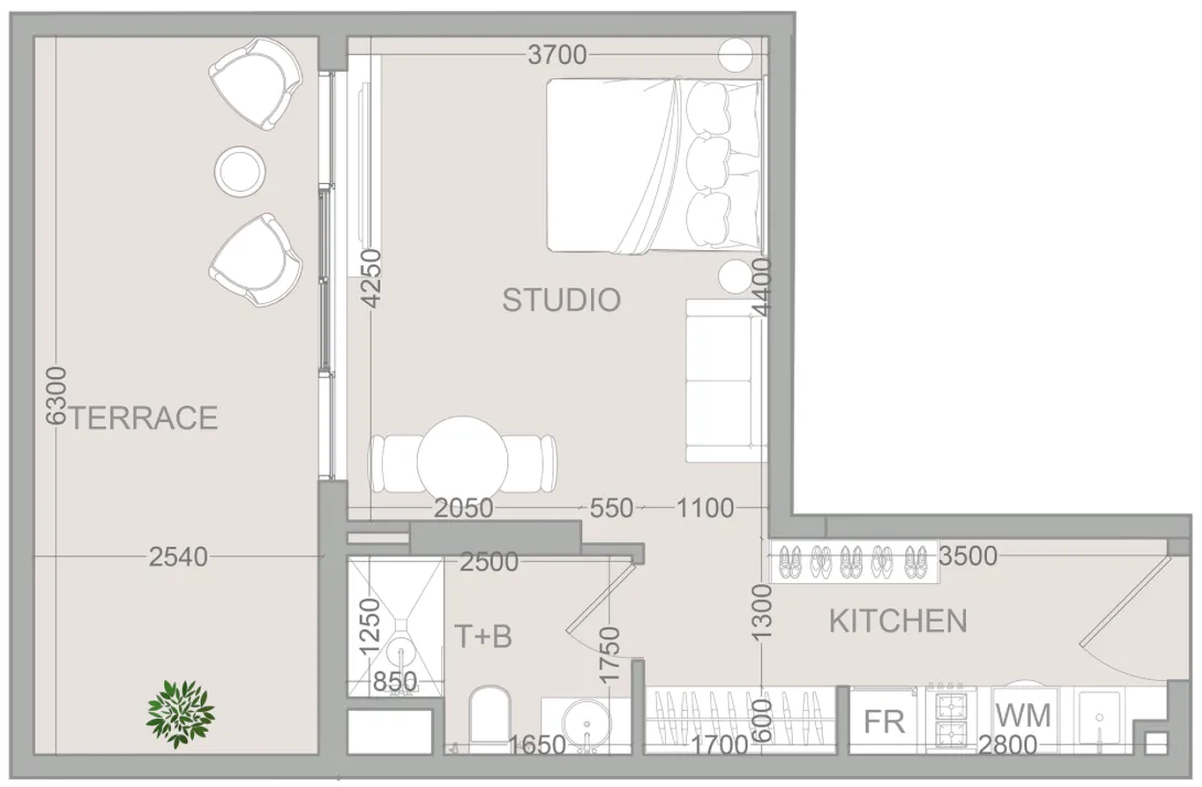 TETR1S Tower Studio floor plan, 542 sqft