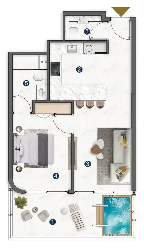 Voxa Pantheon 1 bed floor plan, 725 sqft