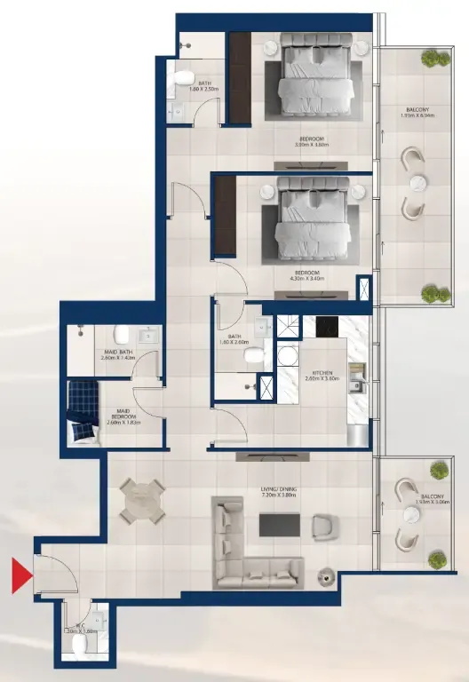 Al Vista 2 bed floor plan, 1,425 sqft