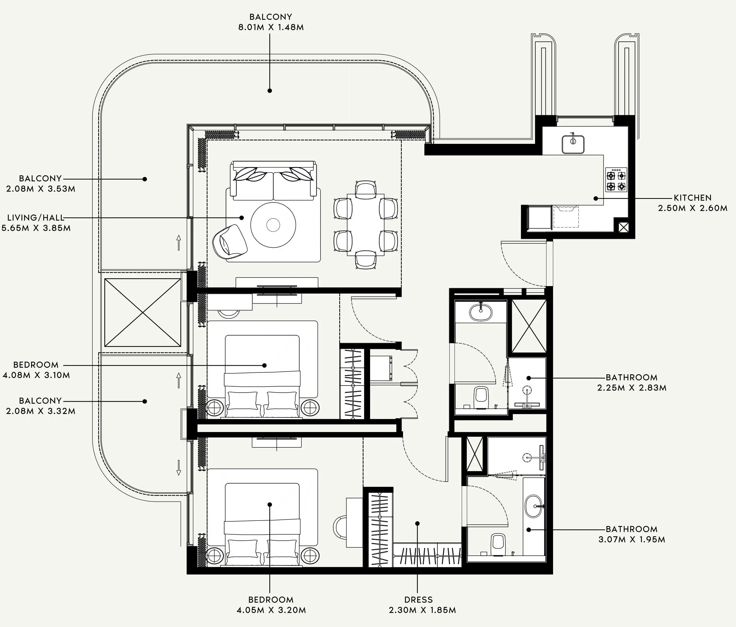 Azizi Venice 2 bed floor plan, 1,342 sqft