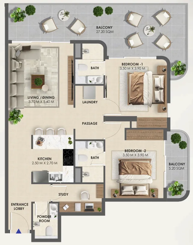 Vivida Residences 2 bed floor plan, 1,281 sqft