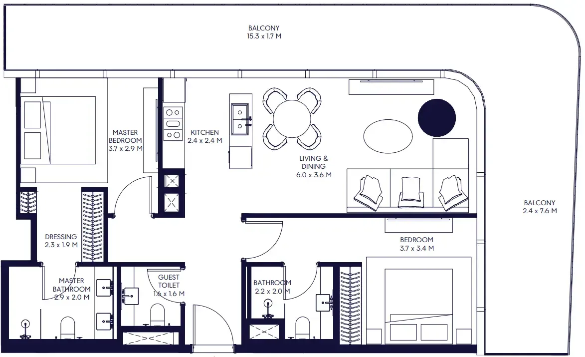 Inaura Hotels & Residences Downtown 2 bed floor plan, 1,272 sqft