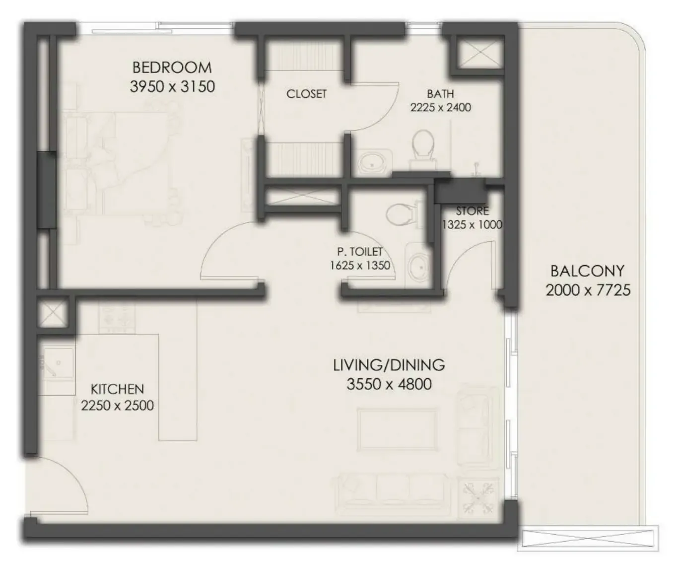 Park Residency 1 bed floor plan, 786 sqft