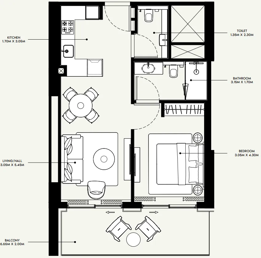 Azizi Venice 1 bed floor plan, 732 sqft