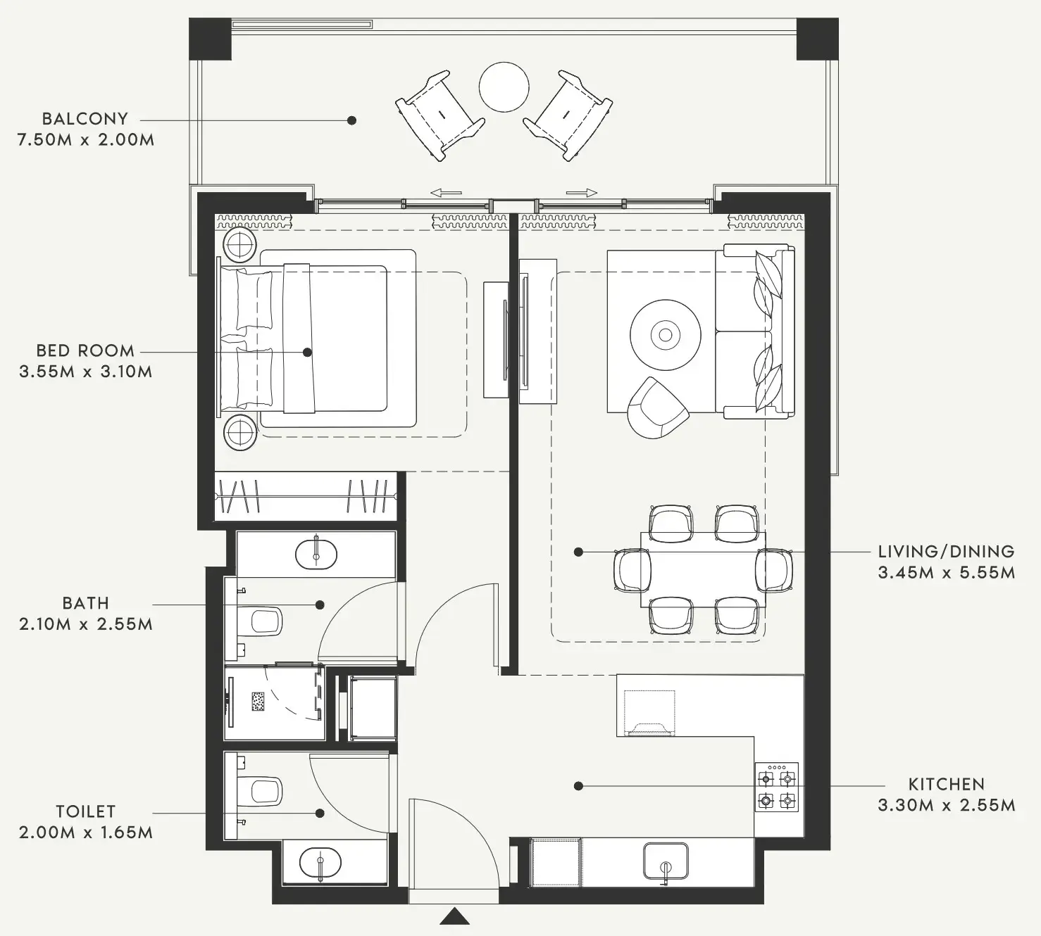 Riviera 58 1 bed floor plan, 811 sqft
