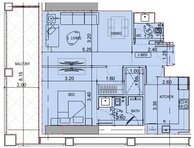 Binghatti Titania 1 bed floor plan, 772 sqft