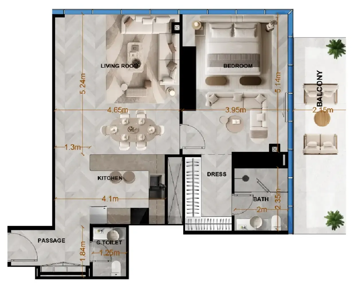 Radiant Terrace 1 bed floor plan, 955 – 979 sqft