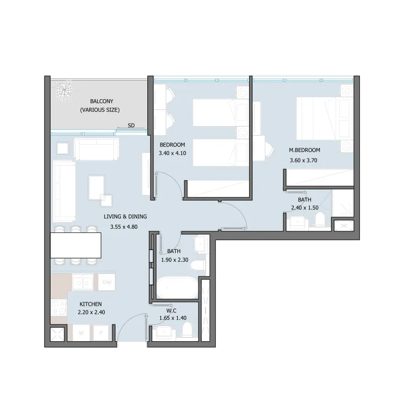 Sila 2 bed floor plan, 893 – 1,012 sqft